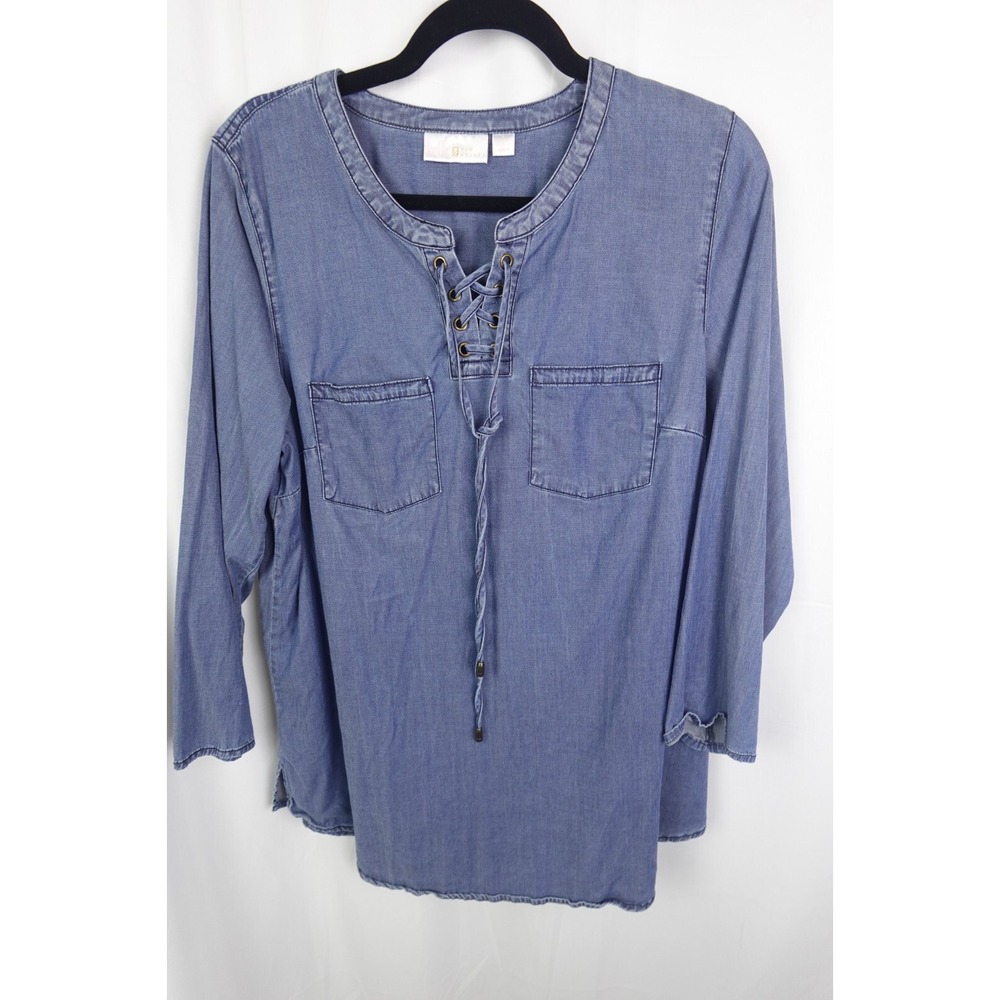 Belle Kim Gravel Lace Up Chambray Top Blue Denim‎ Blouse Shirt Sz S